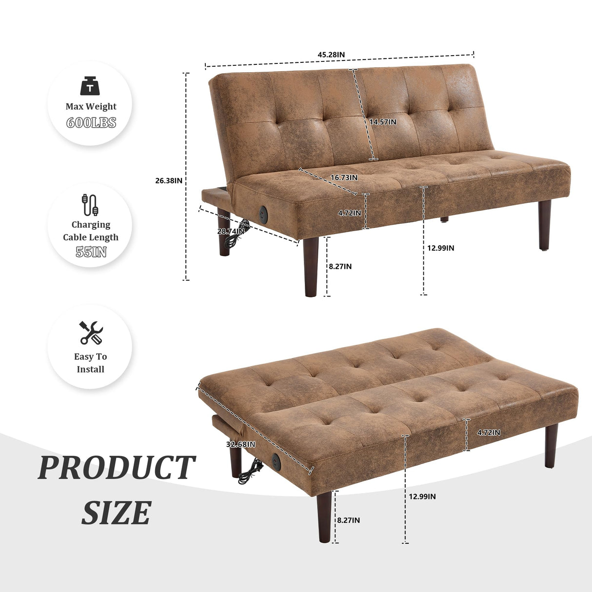 Convertible Futon Sofa Bed, Faux Leather Futon Couch with Adjustable Backrest and Usb Port, Modern Folding Couch For Small Spaces Living Room Sleeper Bed for Living Room,Bedroom,Office (Coffee) Klwenas Maec