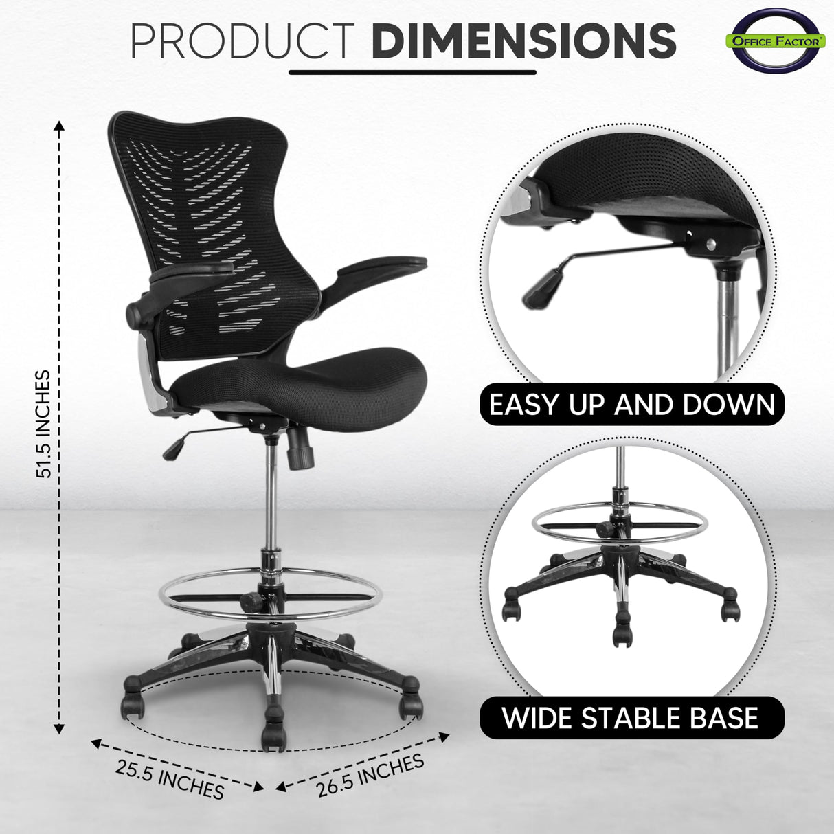 OfficeFactor Ergonomic Drafting Chair Tall Office Chair Standing Desk Chair Flip up Armrests Molded Foam Seat with Adjustable Footrest Ring Lumbar Support (Black MESH Fabric) OFFICE FACTOR