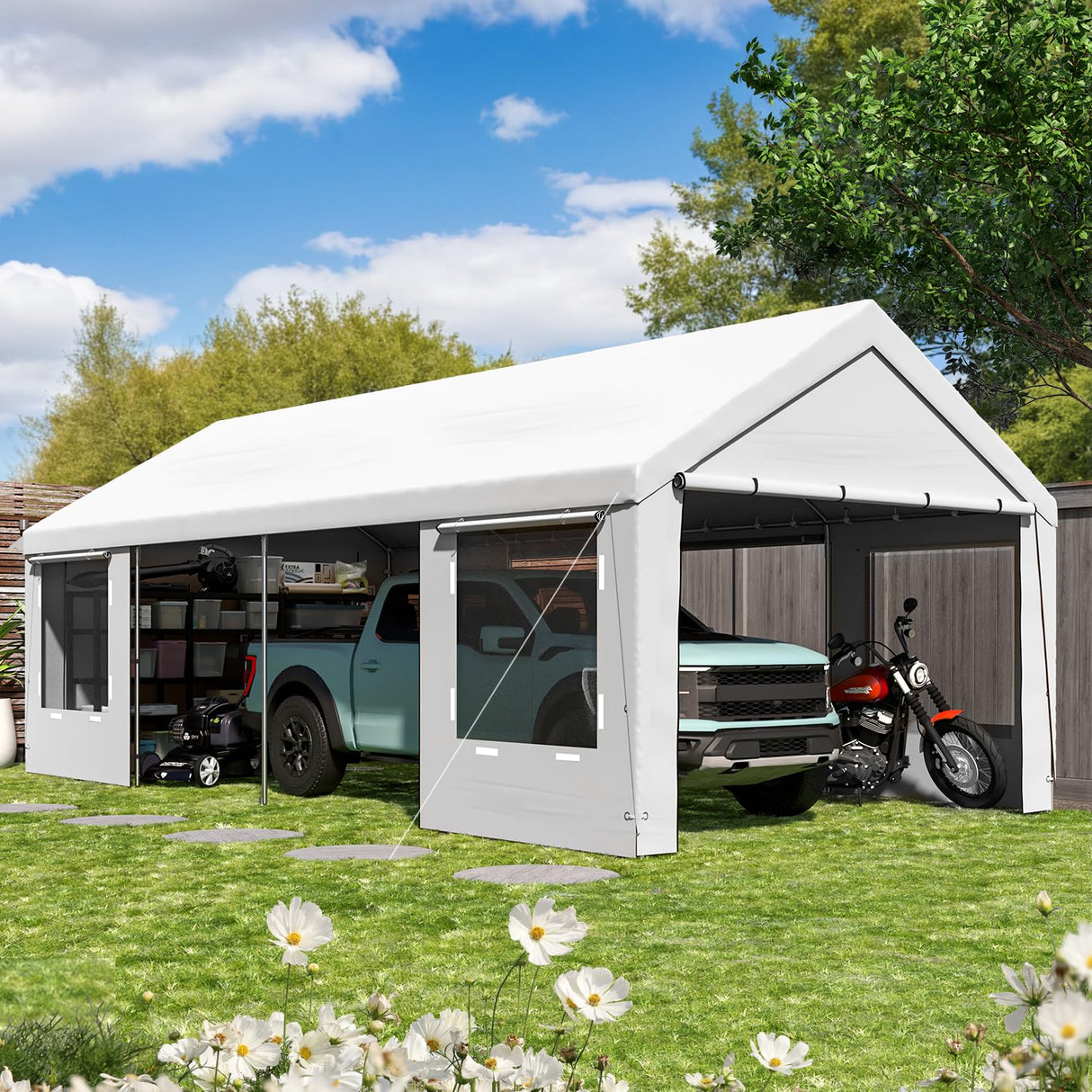EROMMY 12' x 24' Heavy Duty Carport,Portable Garage with UV Protection & Steel Frame, Car Port with Removable Sidewalls, All-Season Car Canopy for Tractor, Truck, Boat, White EROMMY