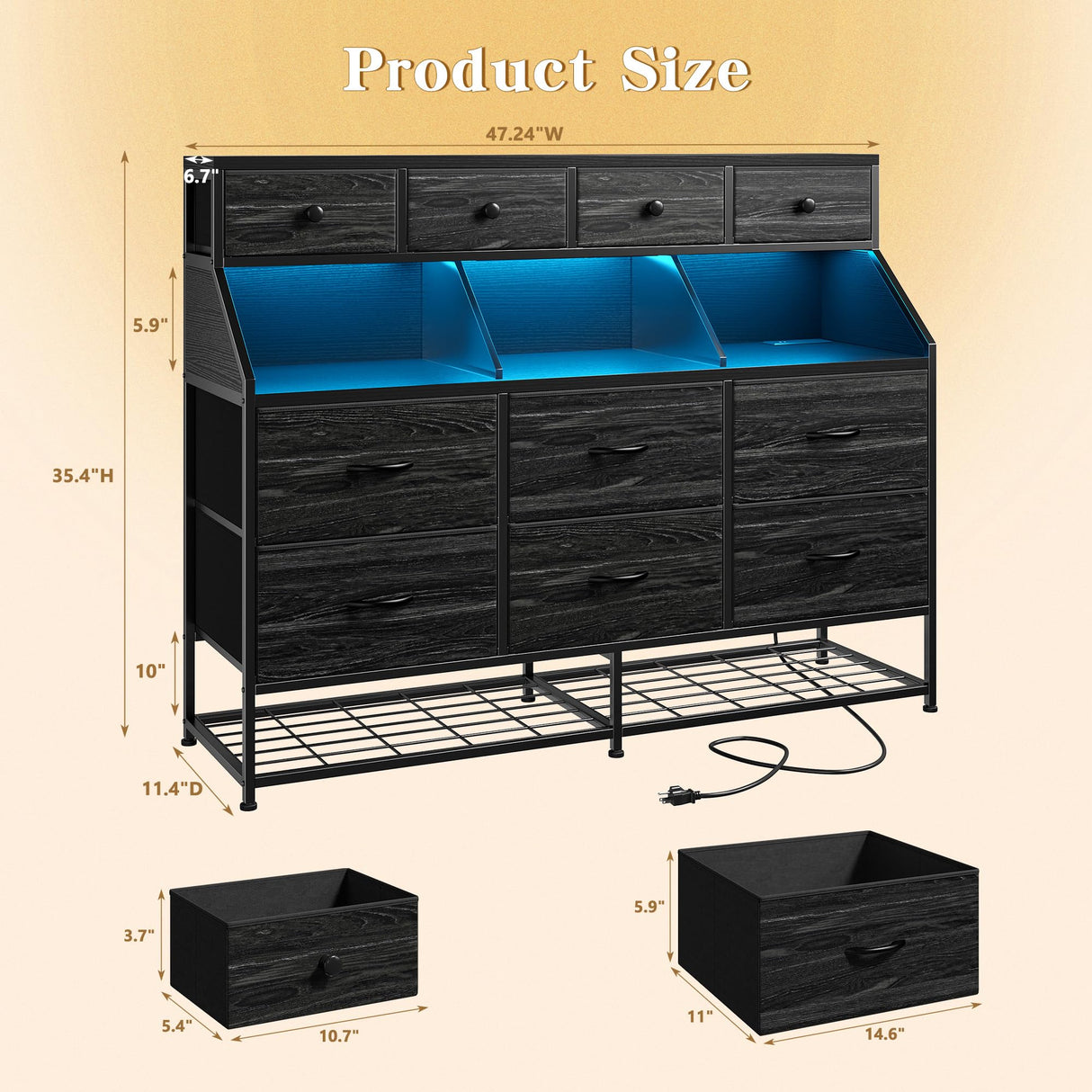 Dresser for Bedroom with 10 Drawers & Shoe Rack Fabric Dressers & Chests of Drawers with LED Lights and Power Outlets Bedroom Dresser for Entryway, Halfway, Closet (Charcoal Black) EnHomee