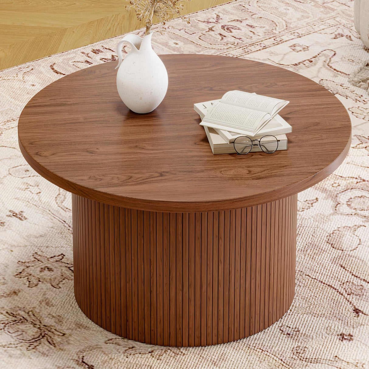 ONBRILL 31.5" Round Coffee Table, Tambour Design Coffee Tables for Living Room, Mid Century Modern Wood Coffee Table, Drum Accent Small Center Table, Walnut ONBRILL