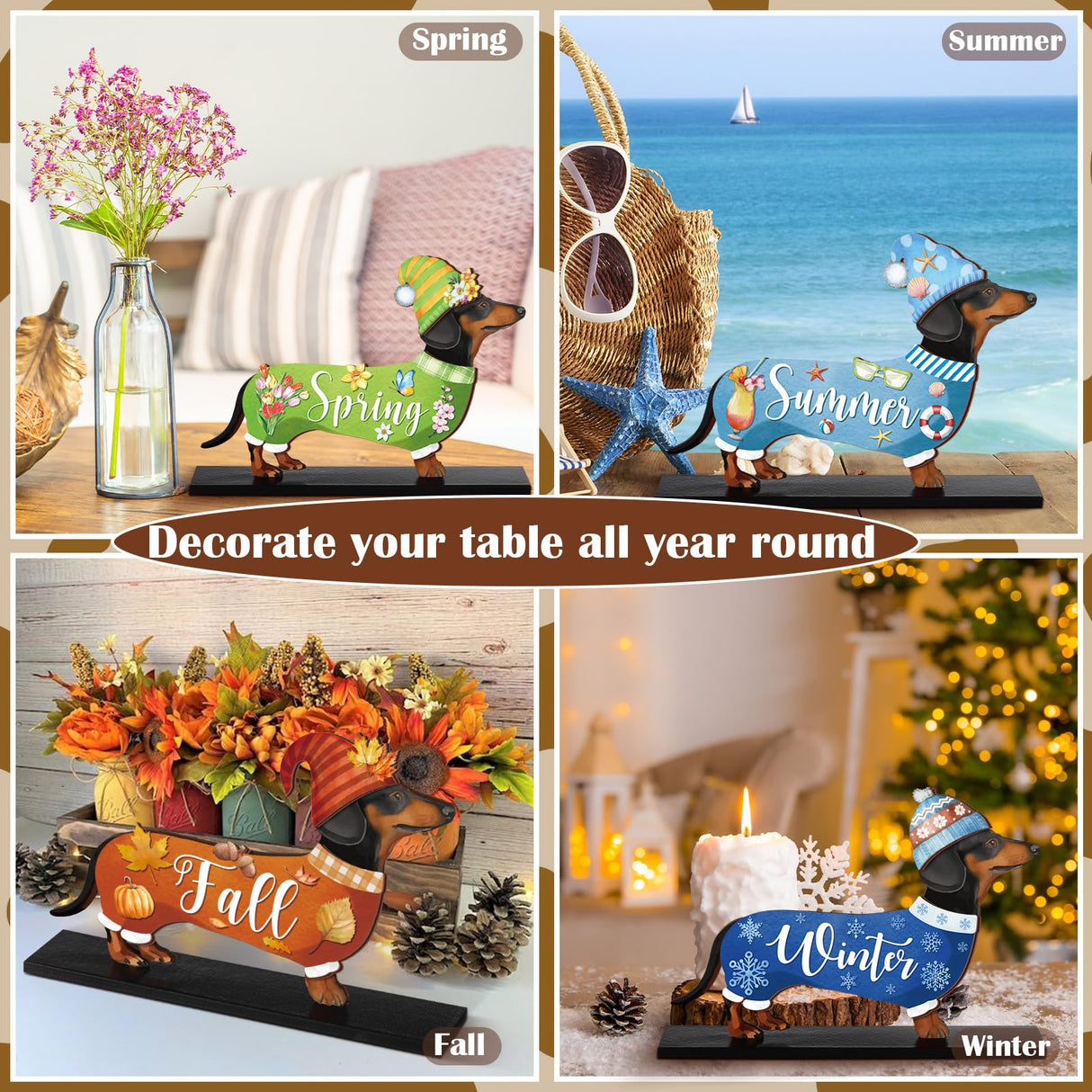 Anglechic 42 Pcs Interchangeable Christmas Dachshund Decor Holiday Seasonal Sign Wiener Dog Thanksgiving Tier Tray Decoration Farmhouse Wood Home Office Desk Accessory Welcome Ornament Pet Lover Gift Anglechic