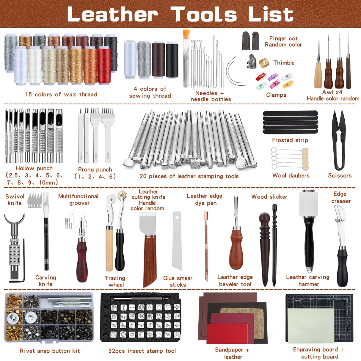 TLKKUE Leather Tooling Kit Leather Craft Tools Leatherworking Kit with Custom Handbag Cutting Mats Engraving Punching Sewing Stamping Sanding Tools for Handicraft Work Professional TLKKUE
