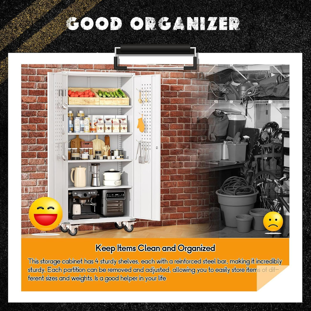 INTERGREAT Metal Garage Storage Cabinet, Lockable Rolling Tool Cabinet with Doors and Shelves, 72" Tall Heavy-Duty File Cabinet with Wheels for Garage, Basement, Warehouse, White INTERGREAT