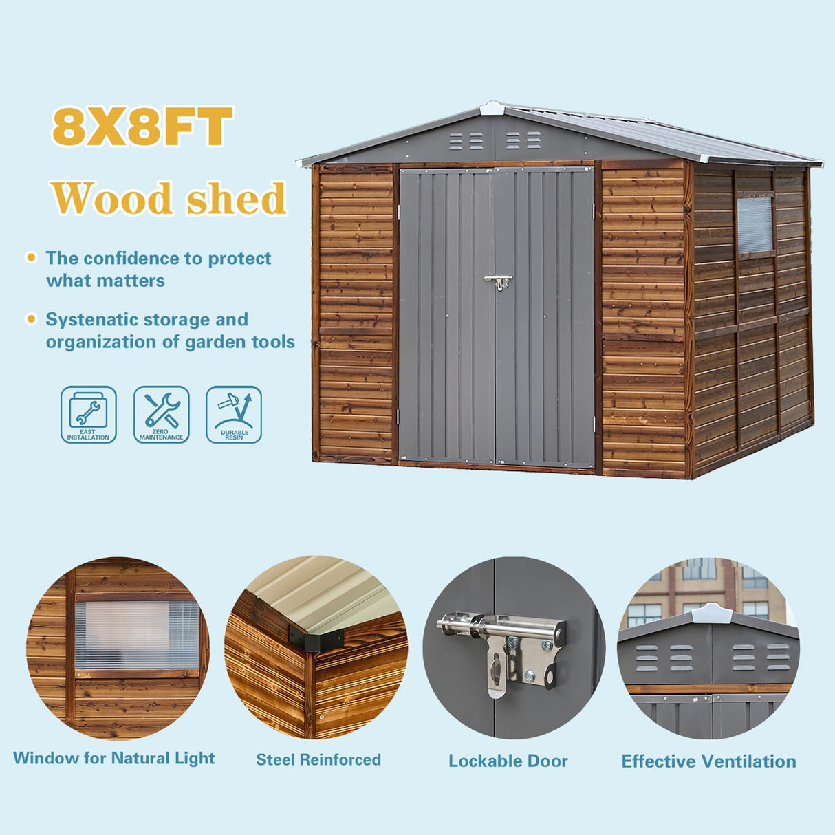Shed 8' x 8' Storage Shed, 8x8 FT Wood Sheds & Outdoor Storage Clearance, Utility and Tool Garden Shed, Waterproof Storage Shed Large with Lockable Doors for Backyard, Patio, Outside Use AEMSOFK