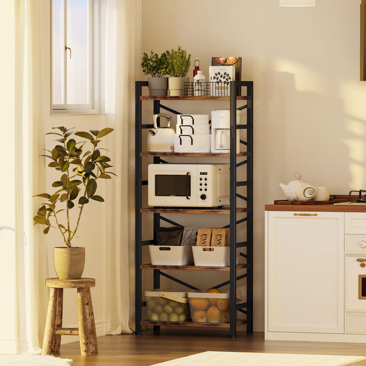 Organization and Storage, 5 Tier Bookshelf, Tall Bookcase with Shelves, Wood and Metal Book Shelf Storage Organizer, Industrial Display Standing Shelf Unit for Bedroom, Living Room, Rustic Brown Homeiju