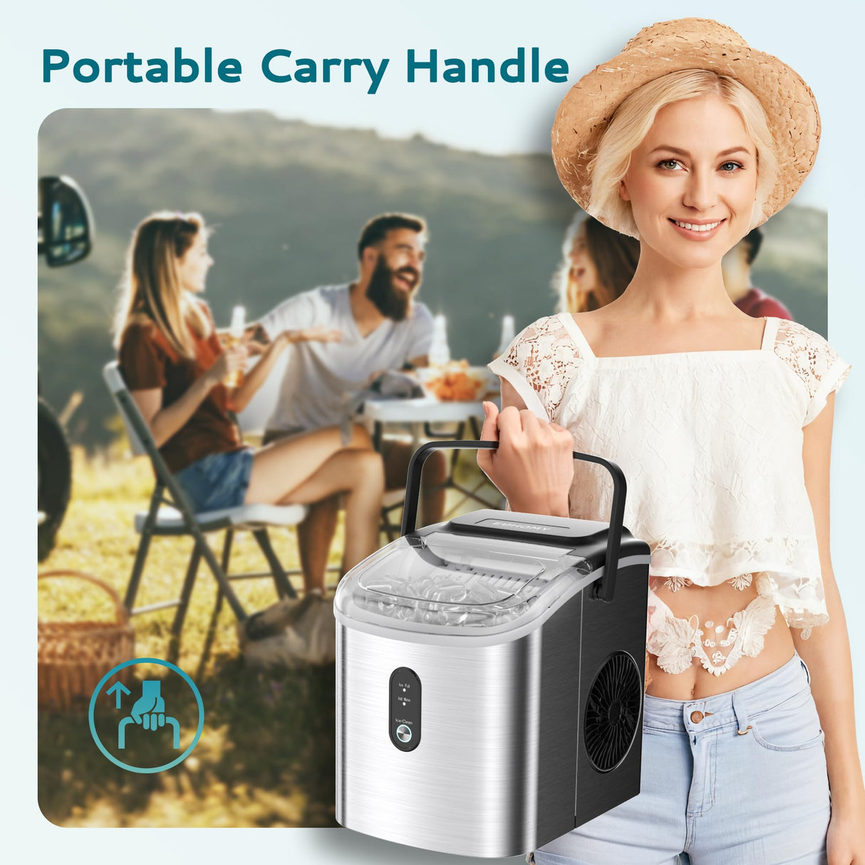 EUHOMY Countertop Ice Maker Machine with Handle, 26.3lbs Per Day, 9 Cubes in 6 Mins, Auto-Cleaning Portable Ice Maker with Basket and Scoop, for Home/Kitchen/Camping/RV (Silver) EUHOMY