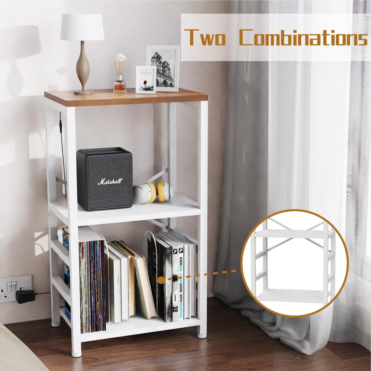 YAKANJ End Table with LED Light,Record Player Stand with Albums Storage,Vinyl Records Storage,Turntable Stand Side Table for Music Room Studio Living Room Bedroom-White YAKANJ