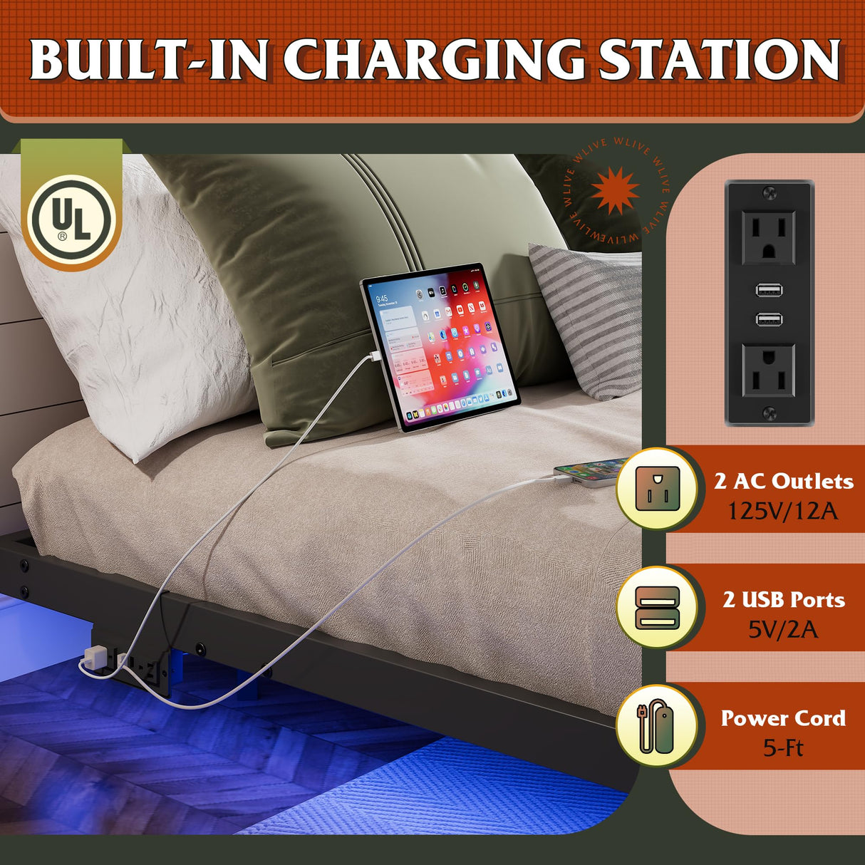 WLIVE Floating Queen Bed Frame, LED Bed Frame with Charging Station, Metal Platform Beds Queen Size with Heavy Duty Steel Slats, No Box Spring Needed, Easy Assembly, No Noise, Black WLIVE