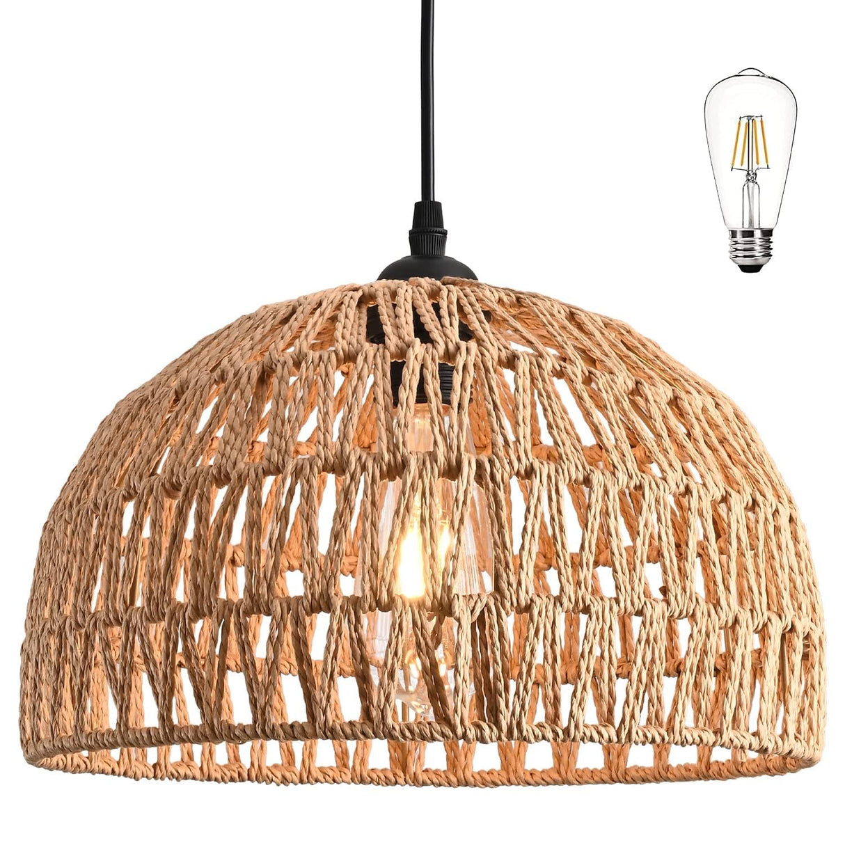 AyshwillDec Hemp Rope Woven Pendant Light Woven Light Fixture Boho Chandelier Light Fixture Wicker Pendant Light Rattan Light Pendant Dome Wicker Chandelier for Dining Room Kitchen Island(Bulb Incl.) AyshwillDec