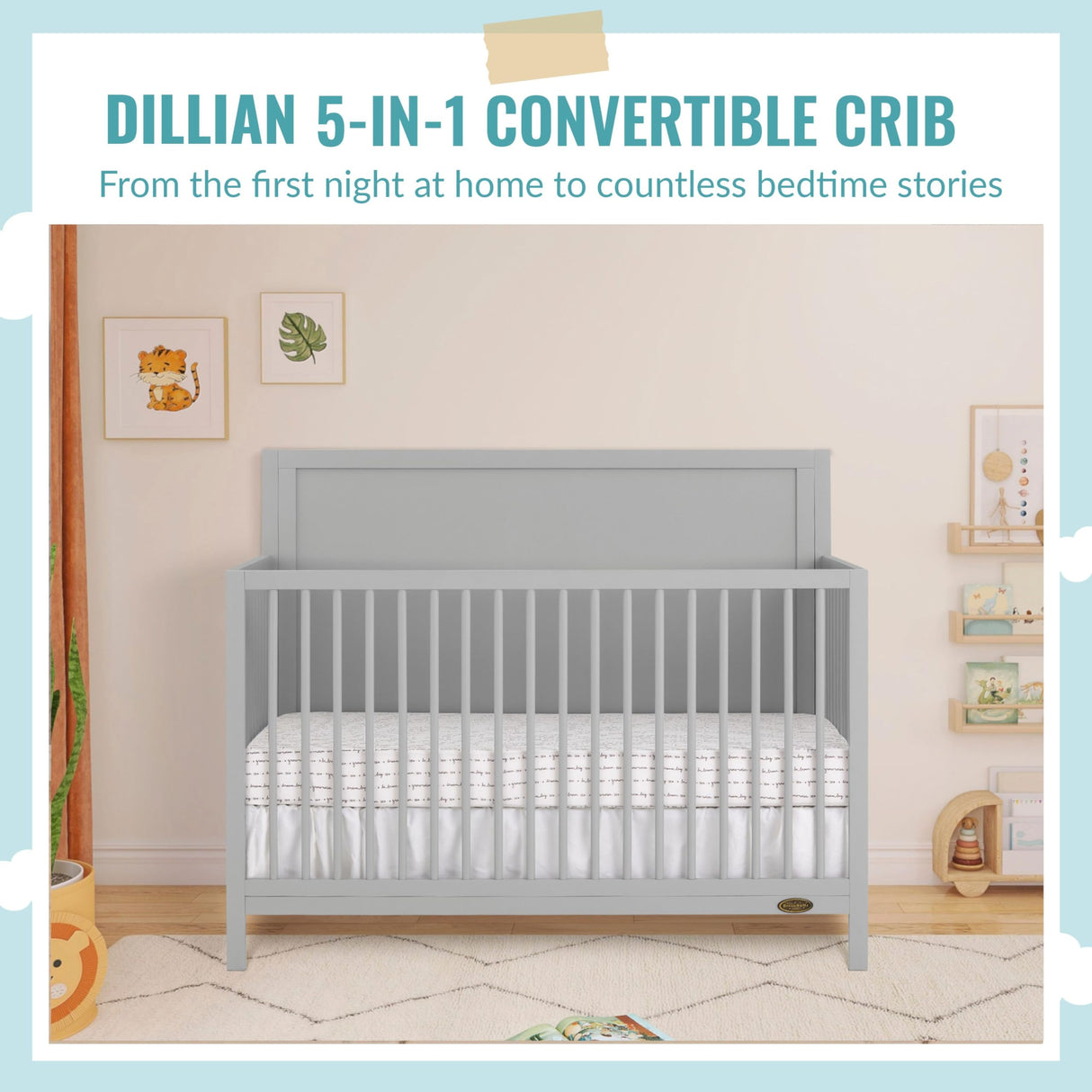 Dream On Me Dillian 5-in-1 Convertible Crib in Pebble Grey, JPMA & Greenguard Gold Certified, Crafted with New Zealand Pinewood Dream On Me