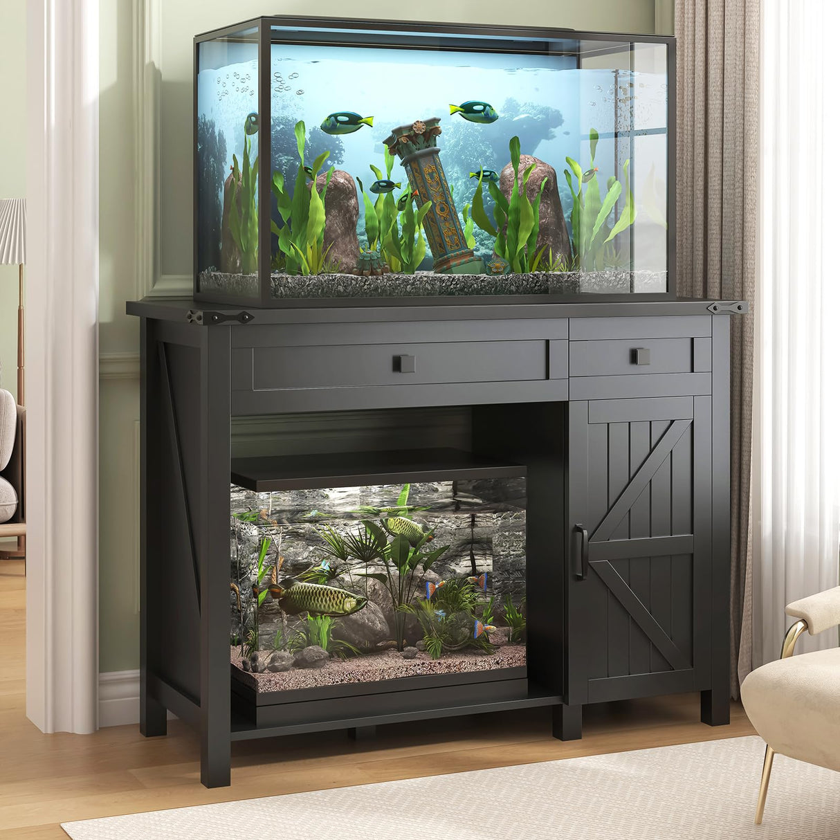 Saudism 40 Gallon Aquarium Stand With Charging Station, Farmhouse Fish Tank Stand, Reptile Tank Stand Terrarium Stand with Drawer and Cabinet Storage, Sturdy Heavy Duty 41.9"×18.3" Tabletop - Black Saudism