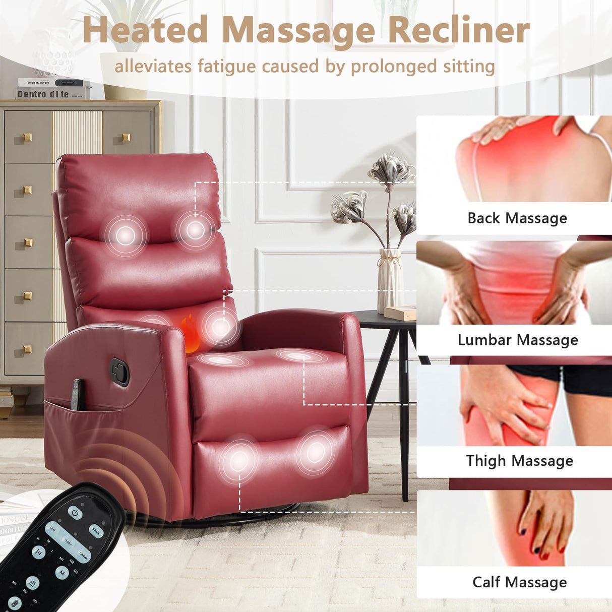 cinkehome Small Swivel Rocker Recliner Chair with Heated Massage, Upholstered Nursery Glider Recliner Chair, High Back, Side Pocket (Red PU Leather) cinkehome