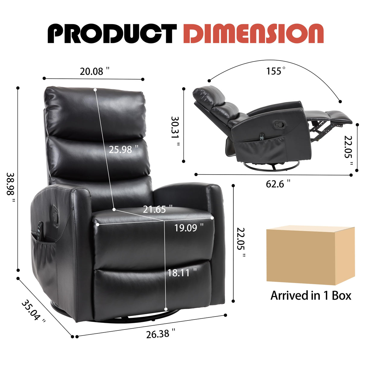 Manual Swivel Rocker Recliner Chair with Massage, Overstuffed Recliner Glider with Vibration Massage and Heat for Nursery, Living Room Reclining Sofa Chair, PU Leather Black Luxlen