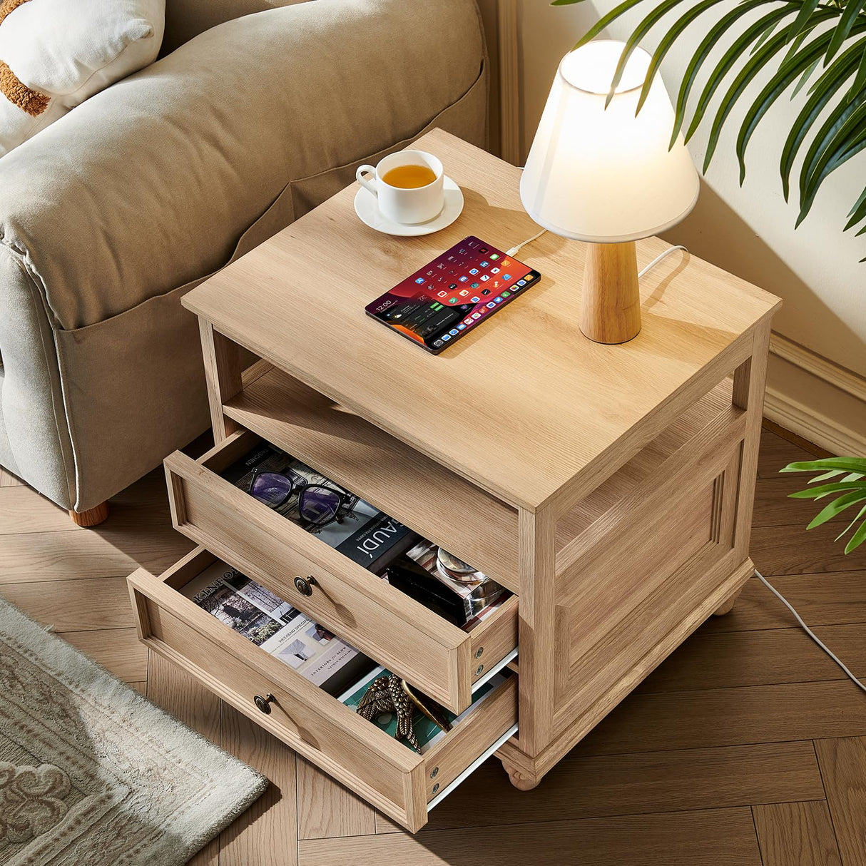 Joaxswe Farmhouse Nightstand with Charging Station, 24" Wide End Table with 2 Drawers, Natural Dresser for Bedroom, Bed Side Table Chest of Drawers Cabinet,Wood Night Stand for Living Room, Closet Joaxswe