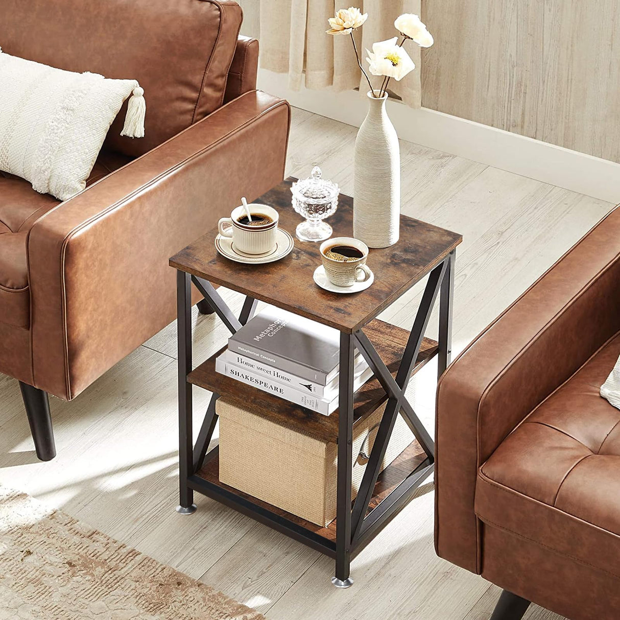 End Tables Living Room Set of 2, 16" D x 16" W x 24" H, Indoor End Tables Living Room with Storage Shelf, Square End Table Set of 2, X-Shaped Night Stands for Bedroom, Farmhouse Wood Side Tables TooCust