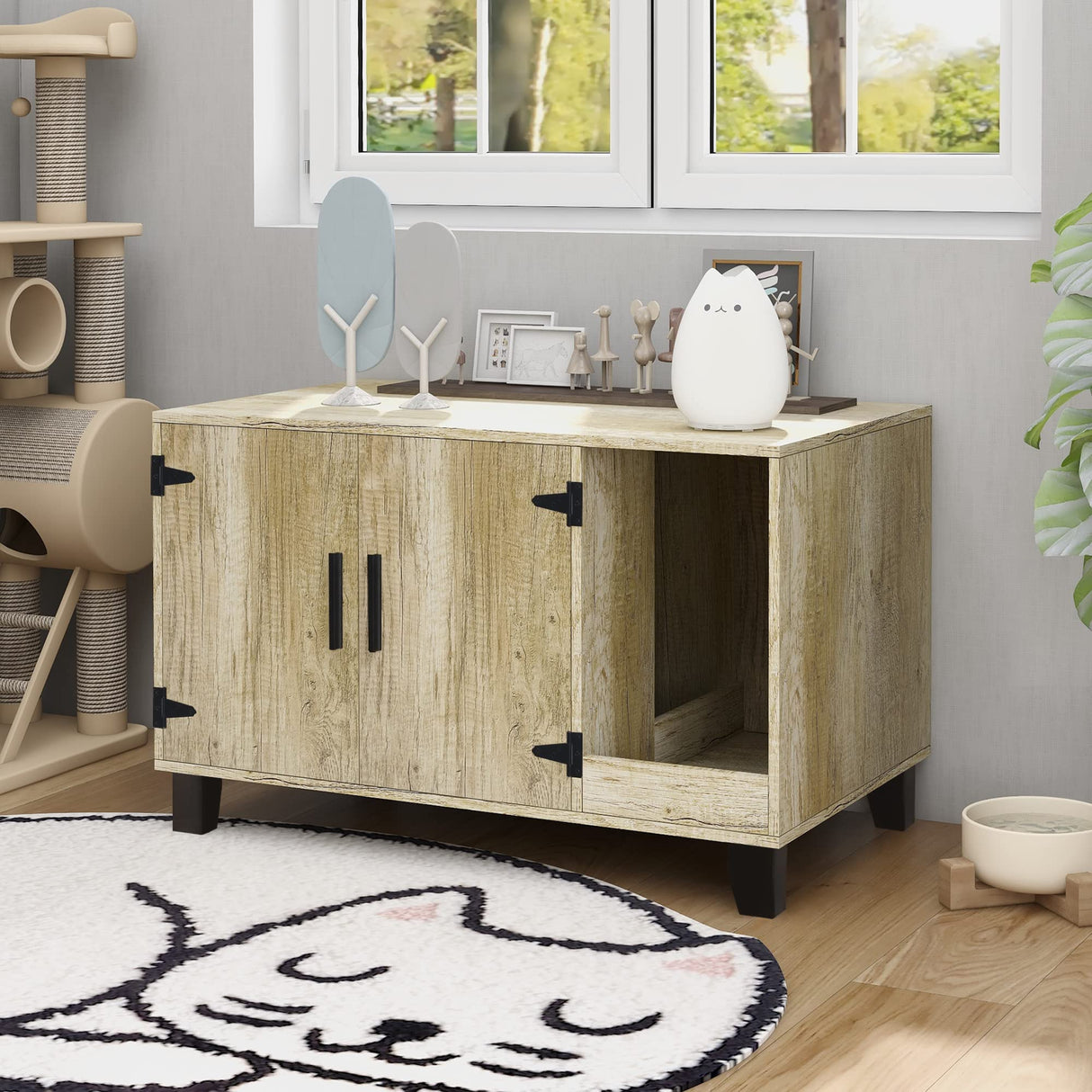 TaoHFE Litter Box Enclosure Cat Litter Box Furniture Hidden with Cat Scratch Pad Decorative Farmhouse Wooden Hidden Litter Box Cat House Litterbox Furniture Cat Box Furniture Litter Box Cabinet Oak TaoHFE