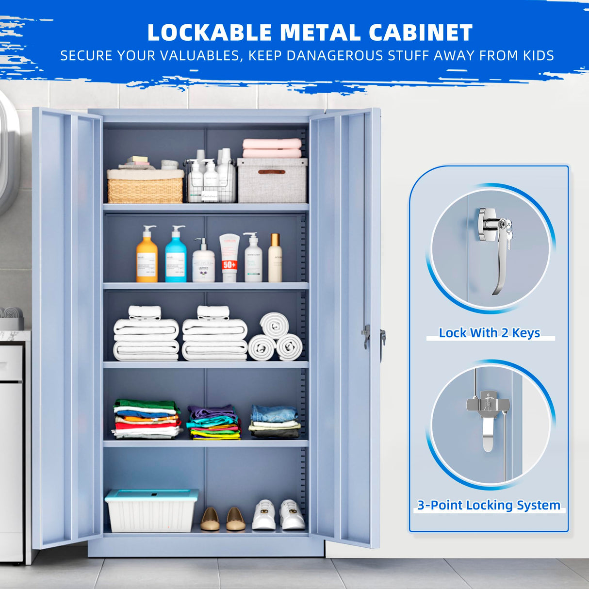 Superday Metal Storage Cabinet 71"×32"×16", Tall Storage Cabinet with 2 Doors and 4 Shelves, Large Metal Steel Utility Cabinet for Home Office, Garage, File Bathroom Pantry (Grey) Superday