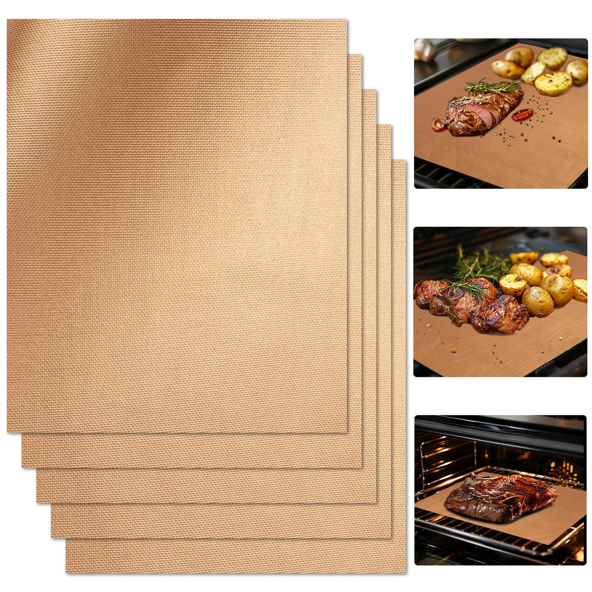 RAINFLOW Copper Grill Mats for Outdoor Grill - Set of 5 Teflon Non-Stick BBQ Accessories Reusable and Easy to Clean Grilling Mats for Gas Charcoal Electric 15.75 x 13 Inch RAINFLOW