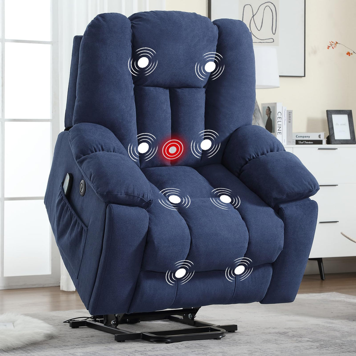 CANMOV Power Lift Recliner Chair with Massage and Heat for Elderly, Overstuffed Wide Recliners, Heavy Duty and Safety Motion Reclining Mechanism with USB Ports, 2 Concealed Cup Holders, Navy Blue CANMOV