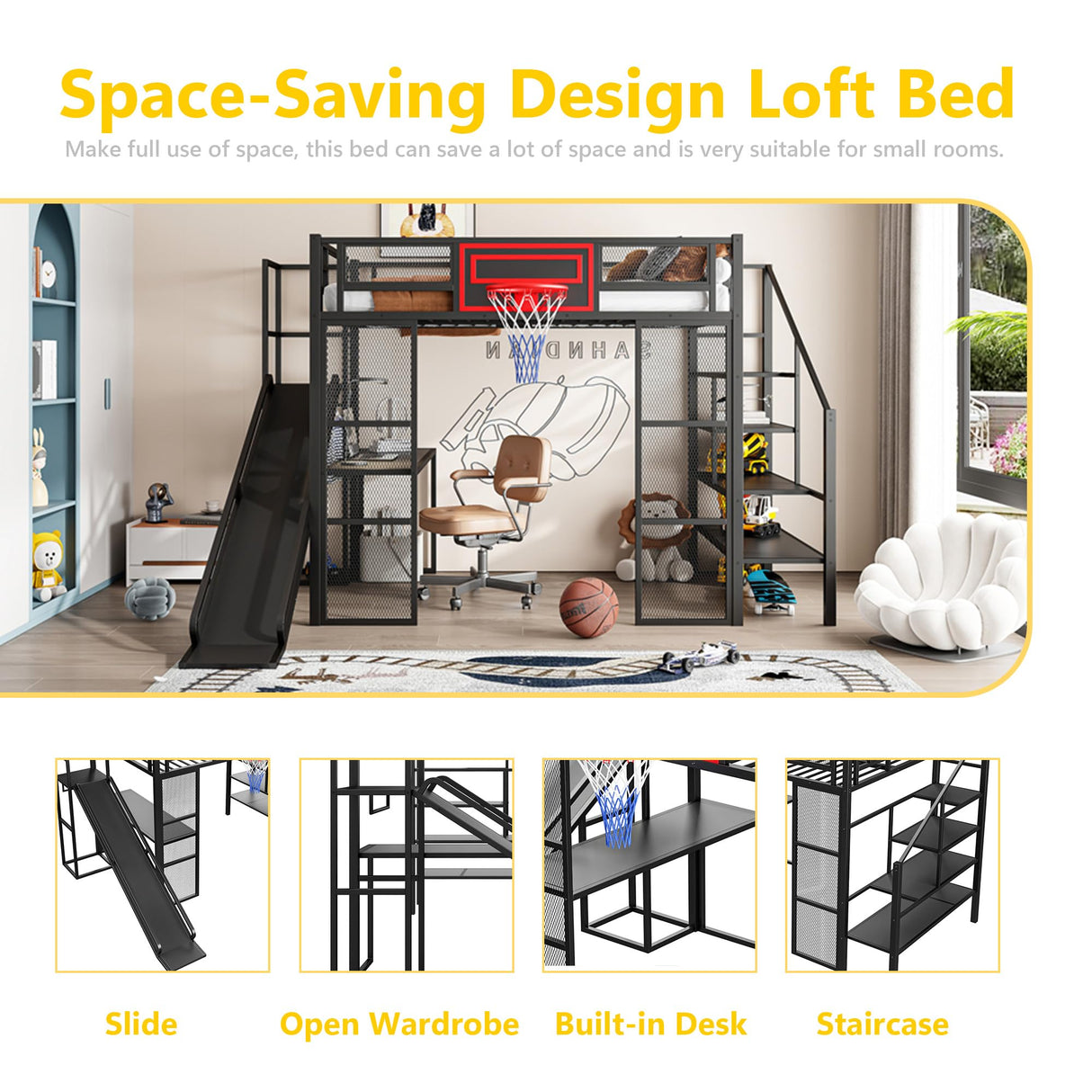 Polibi Full Size Metal Loft Bed with Built-in Desk,Open Wardrobe,Basketball Hoop,Slide and Staircase,Space-Saving Design for Small Rooms(Black) Polibi