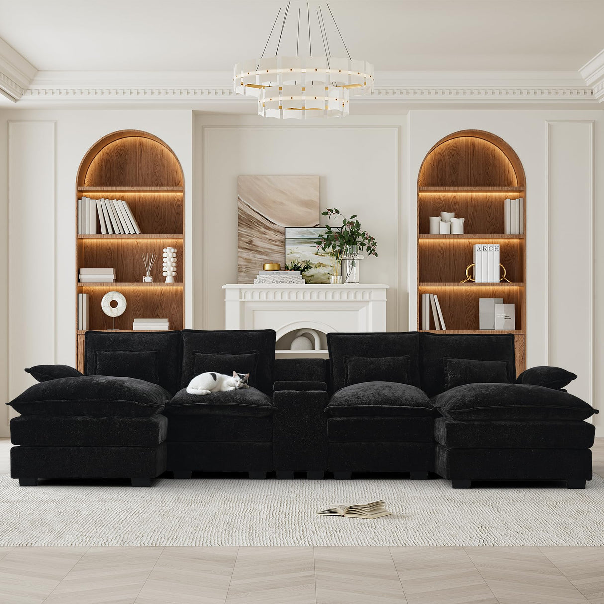 HYJT-H&K 124" U Shaped Cloud Couch Sectional, Comfy Fluffy Chenille Black Sectional Couches for Living Room, Modern Modular Sectionals Sofa with Central Console Double Chaise Lounge Black HYJT-H&K