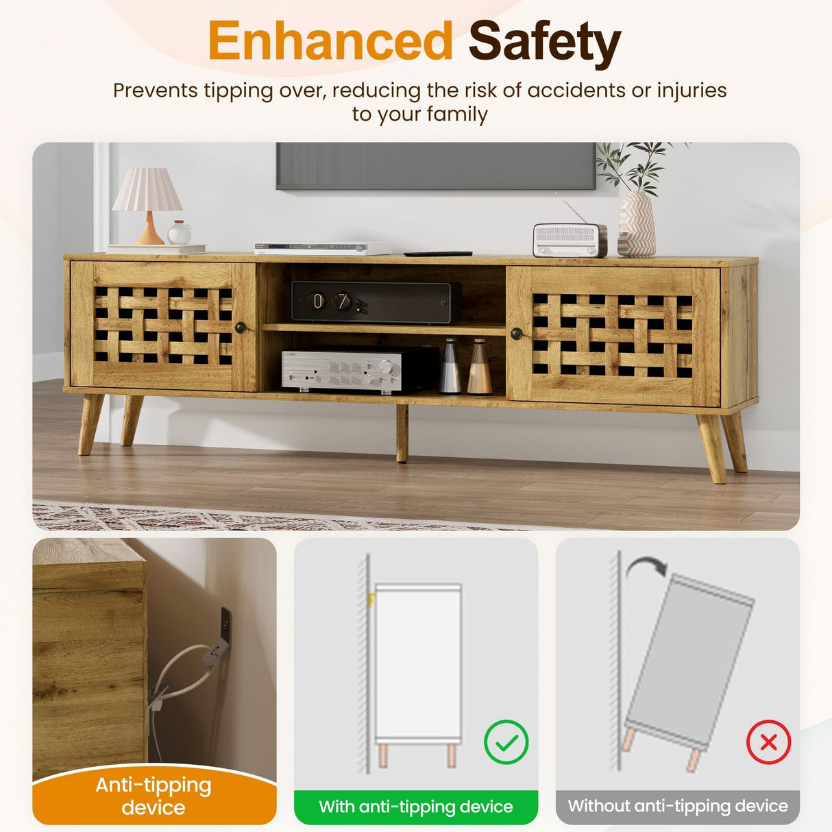 RoyalCraft 63'' TV Stand with Storage, Wood TV Entertainment Center for 65 inch TV, Mid Century Modern TV Entertainment Center with Storage, TV Consoles Cabinets for Living Room RoyalCraft