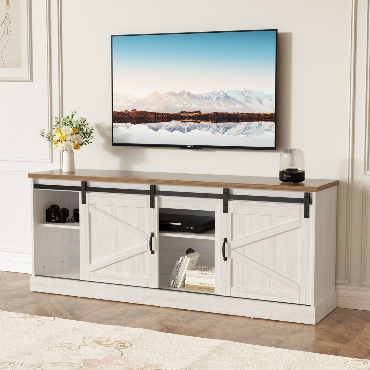 Trumbeak Farmhouse TV Stand for Televisions up to 75 Inchs,Entertainment Center with Sliding Barn Doors and Storage Cabinets,Modern Media TV Console Table for Living Room,Bright White Trumbeak
