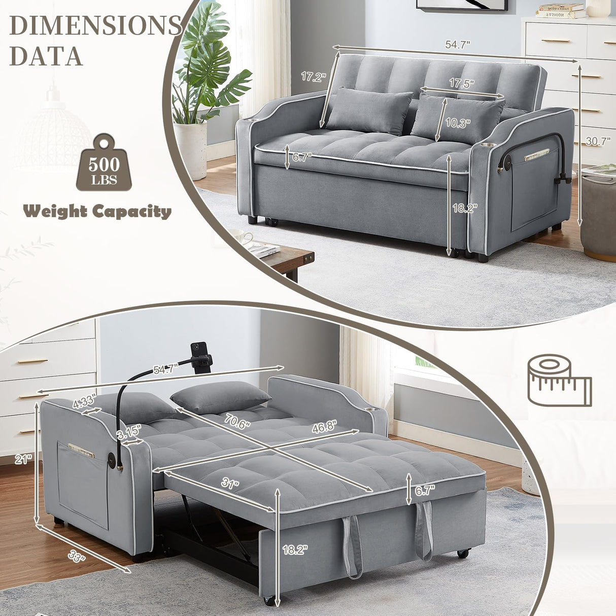 JEEOEHY 3 in 1 Convertible Sleeper Sofa Bed,Velvet Pull Out Couch Bed w USB&Type C Port,Comfy Futon Loveseat w Adjustable Backrest&Phone Stand&Cup Holder for Living Room Apartment Small Space(Grey) JEEOHEY