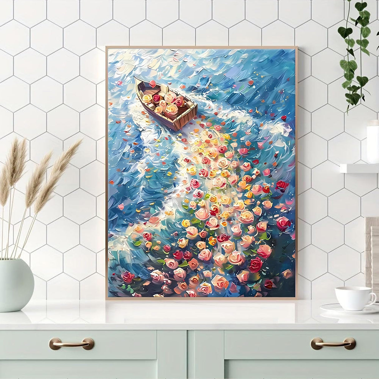 Ohhvvow Diamond Painting Kit for Adults: Sailing Ship with Flower Waves - Full Drill Round Diamonds Ocean Art | Stress Relief DIY Craft Decor, 12x16 inch Ohhvvow