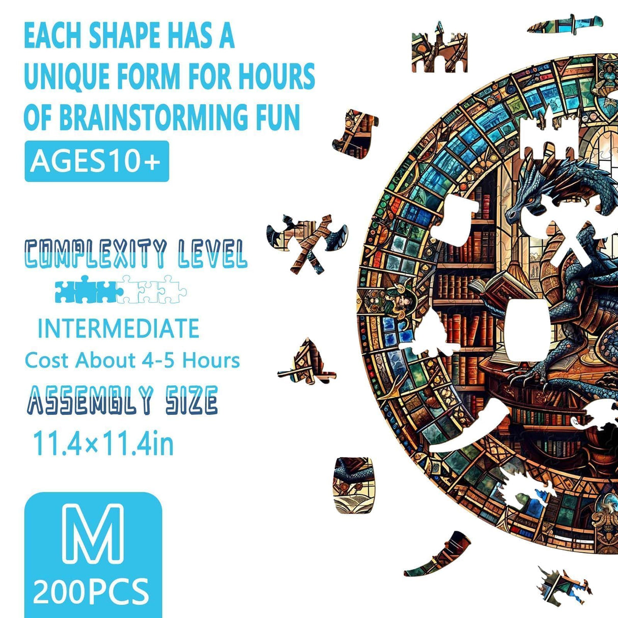 Wooden Puzzles for Adults - Dragon's Library Wooden Jigsaw Puzzles for Adults 200 Pieces, Unique Shape Wooden Dragon Puzzle, Wood Puzzles Adult, Gifts for Friends, Family, Home Decor (M-11.4*11.4 In) Pijesaksa