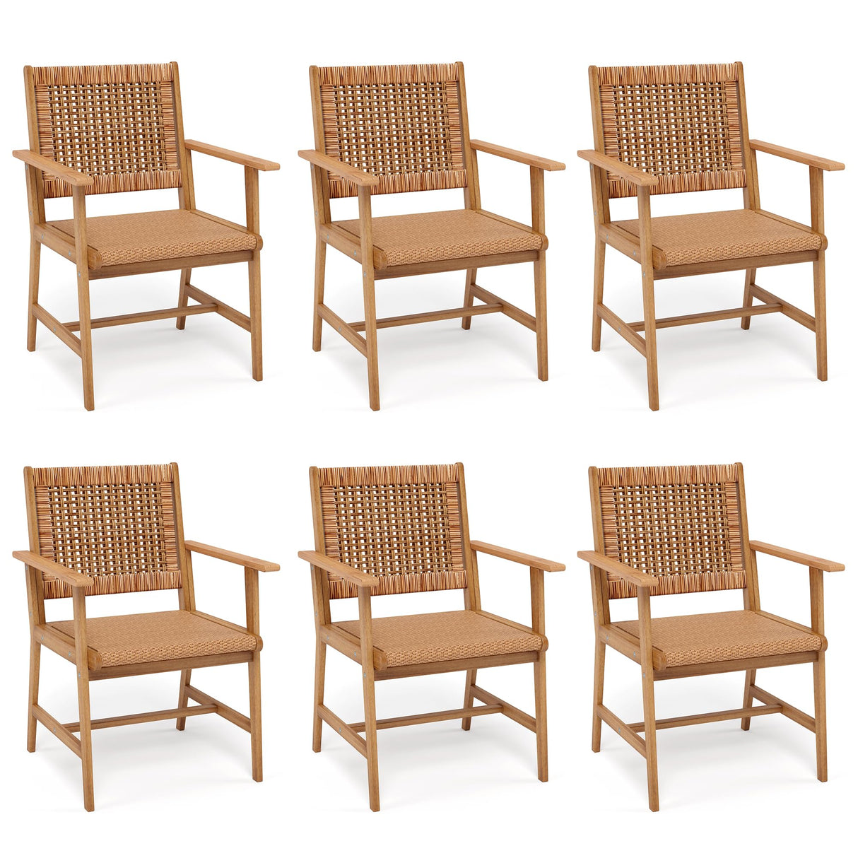 PHI VILLA Outdoor Acacia Wood Dining Chairs Set of 6, Armchairs with Strong Wicker Back & Seat, Farmhouse Style Teak Patio Deck Yard Balcony Garden Furniture PHI VILLA