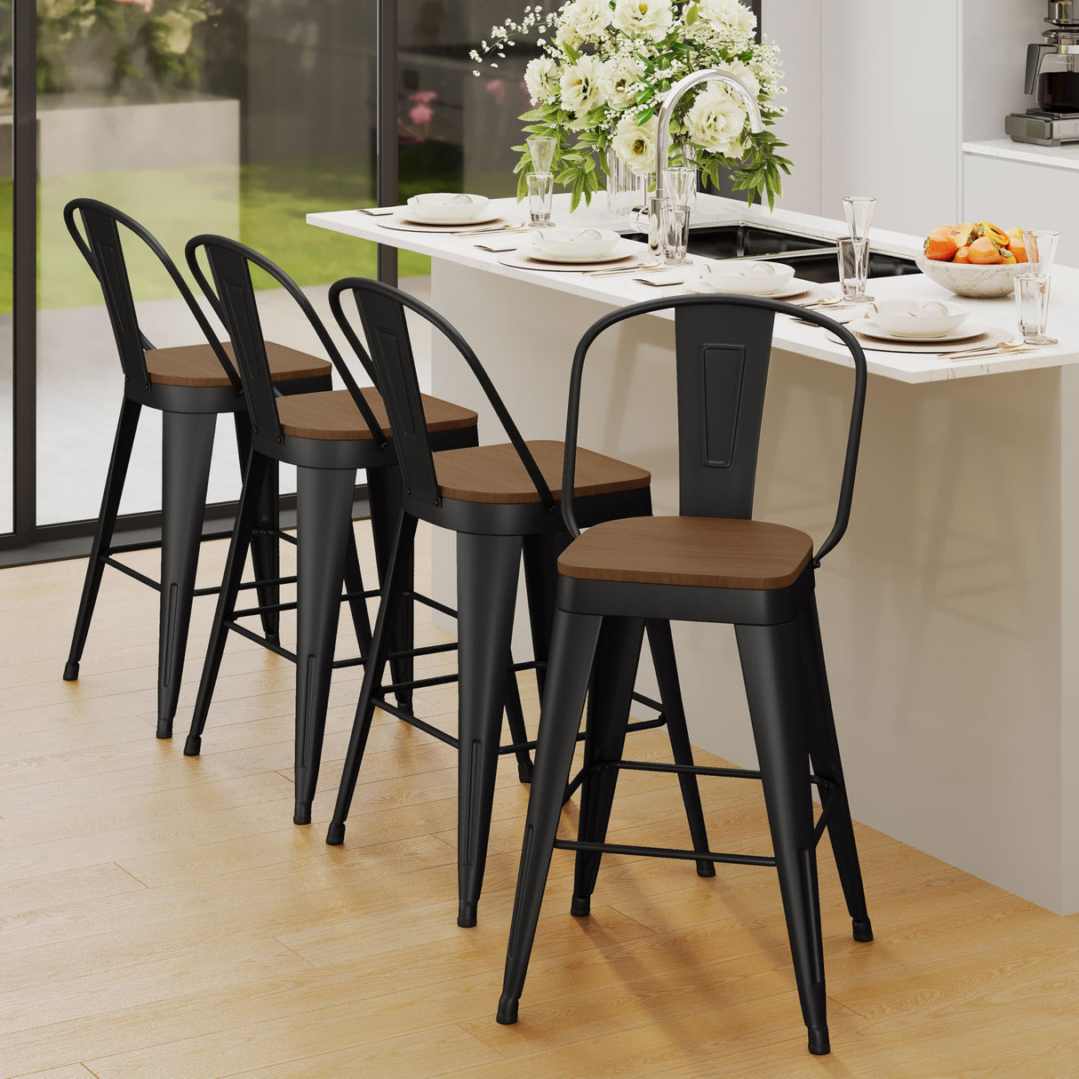 Andeworld Metal Bar Stools Set of 4, 24 inch Counter Height Barstools with Backs Farmhouse Modern High Back Bar Stools with Larger Seat Kitchen Dining Bar Chairs,Matte Black Andeworld