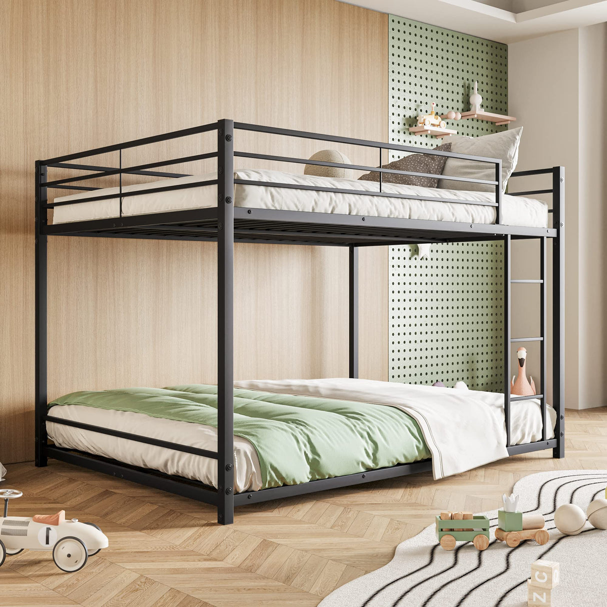 JURMERRY Metal Bunk Bed Full Over Full Beds with Sturdy Guard Rail & Ladder, Space-Saving Design No Box Spring Needed,Black JURMERRY