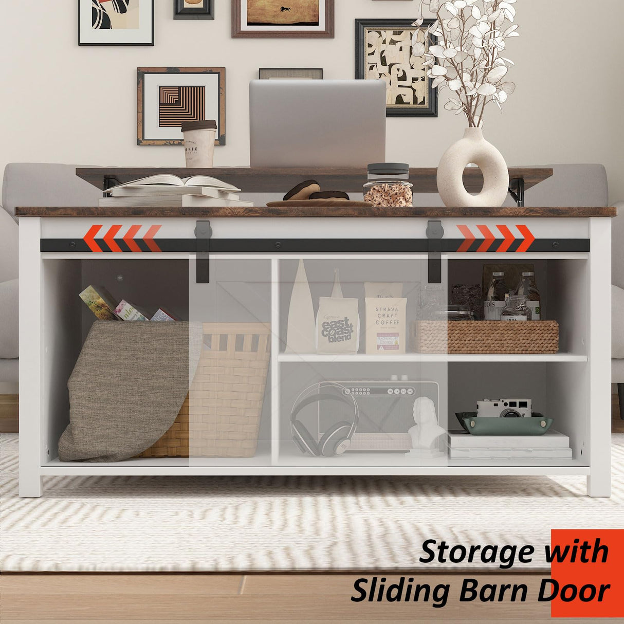 PUKAMI Lift Top Coffee Table with Storage, 31.5" Farmhouse Coffee Table for Living Room, Square Coffee Tables with Large Hidden Storage and Sliding Barn Doors, White PUKAMI