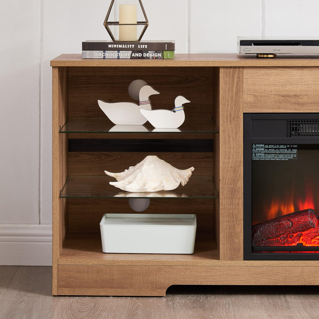 Eyisean LED-Lighted Electric Fireplace TV Stand with 18" Fireplace Insert - Modern Entertainment Center for TVs up to 65", Rack for Living Room and Bedroom (Oak) Eyisean