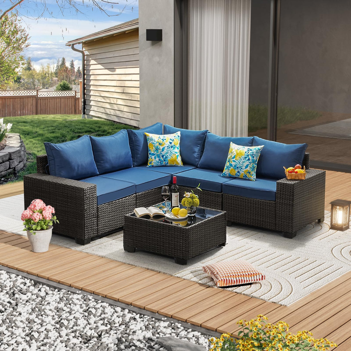 JOYURE 6 Pieces Patio Furniture Set All-Weather Outdoor Wicker Sectional Conversation Sofa Rattan Patio Seating Sofa with Cushion and Glass Table for Porch Poolside,Navy JOYURE