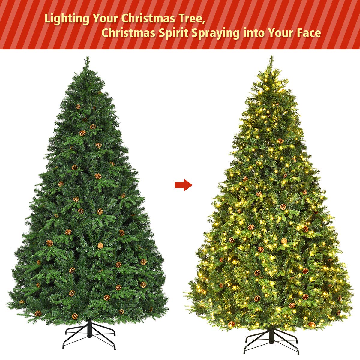 Goplus 8ft Pre-Lit Artificial Christmas Tree, Premium Spruce Hinged Tree 600 LED Lights and Pine Cones, Xmas Tree for Holiday Indoor Décor Goplus