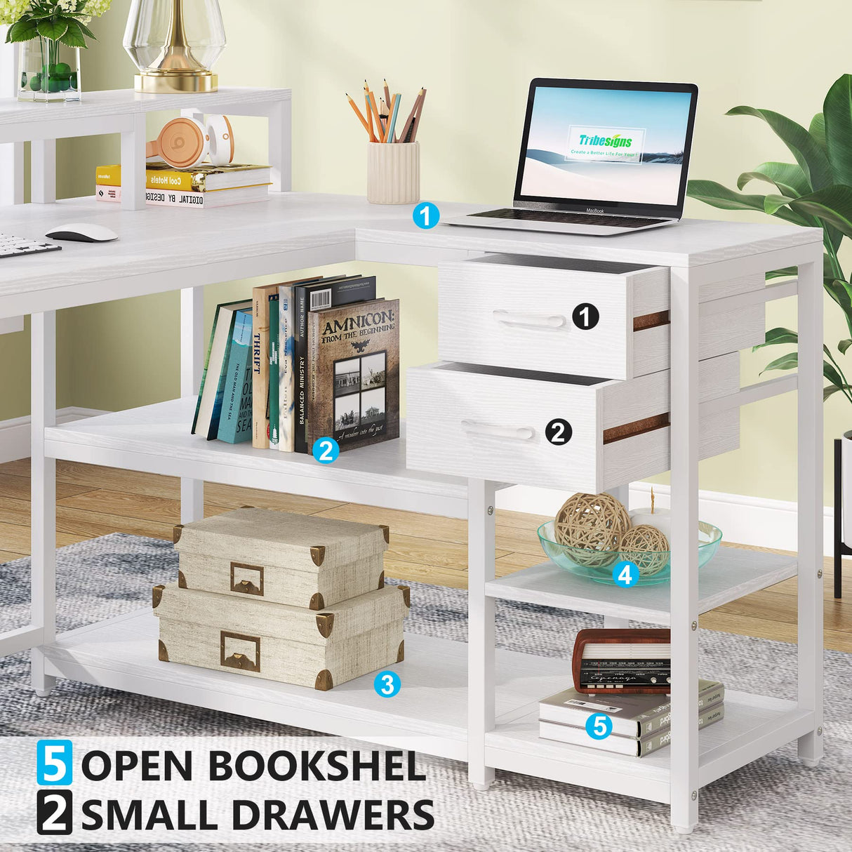 Tribesigns 55-Inch Modern White Reversible L-Shaped Desk with Storage Shelves and Drawers Tribesigns