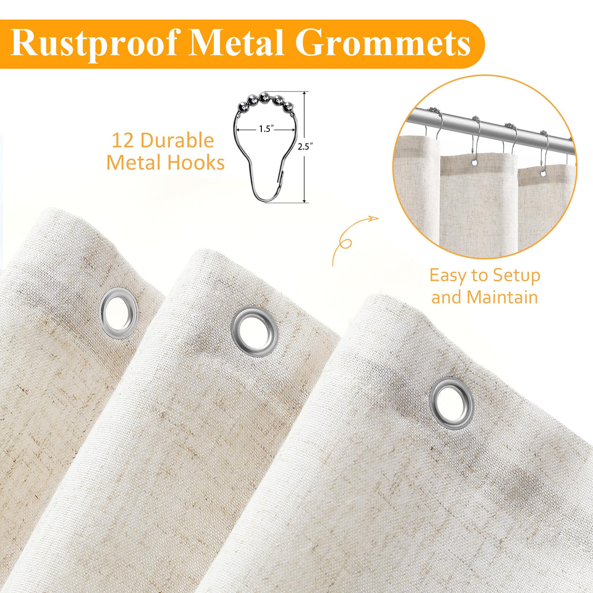 Naturoom Natural Linen Shower Curtain, Country Boho Farmhouse Bath Decor Beige Shower Curtains for Bathroom Neutral Cloth Weighted Textured Fabric Bath Curtain Liner with Hooks, Cream, 72 Inch Naturoom