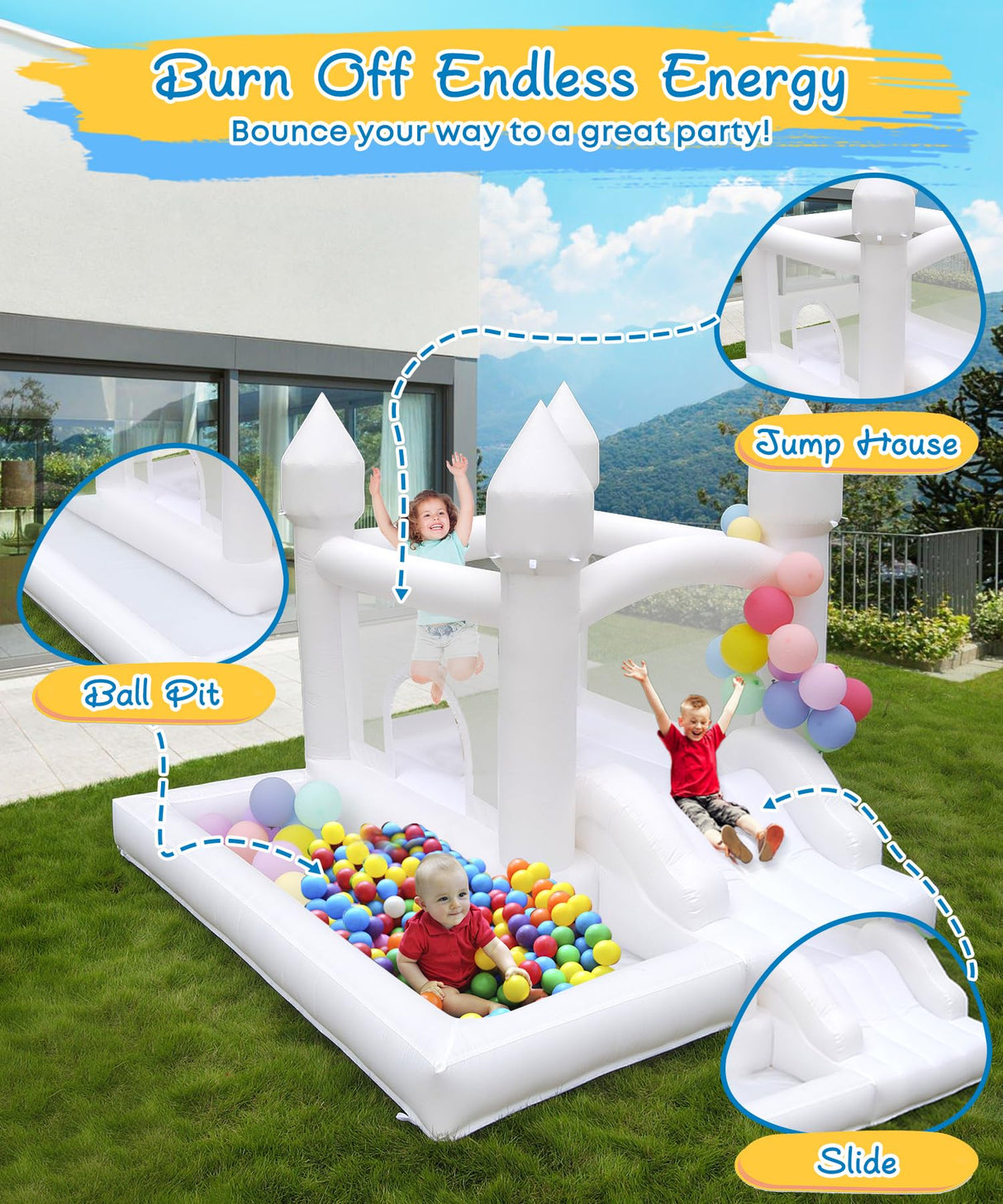 NBSPORT White Bounce House with Blower Included, 9x9x7FT Inflatable Bounce House Castle with Ball Pit and Slide,Small Jumper Bouncy Castle, Fun for Kids Birthday Party NBSPORT