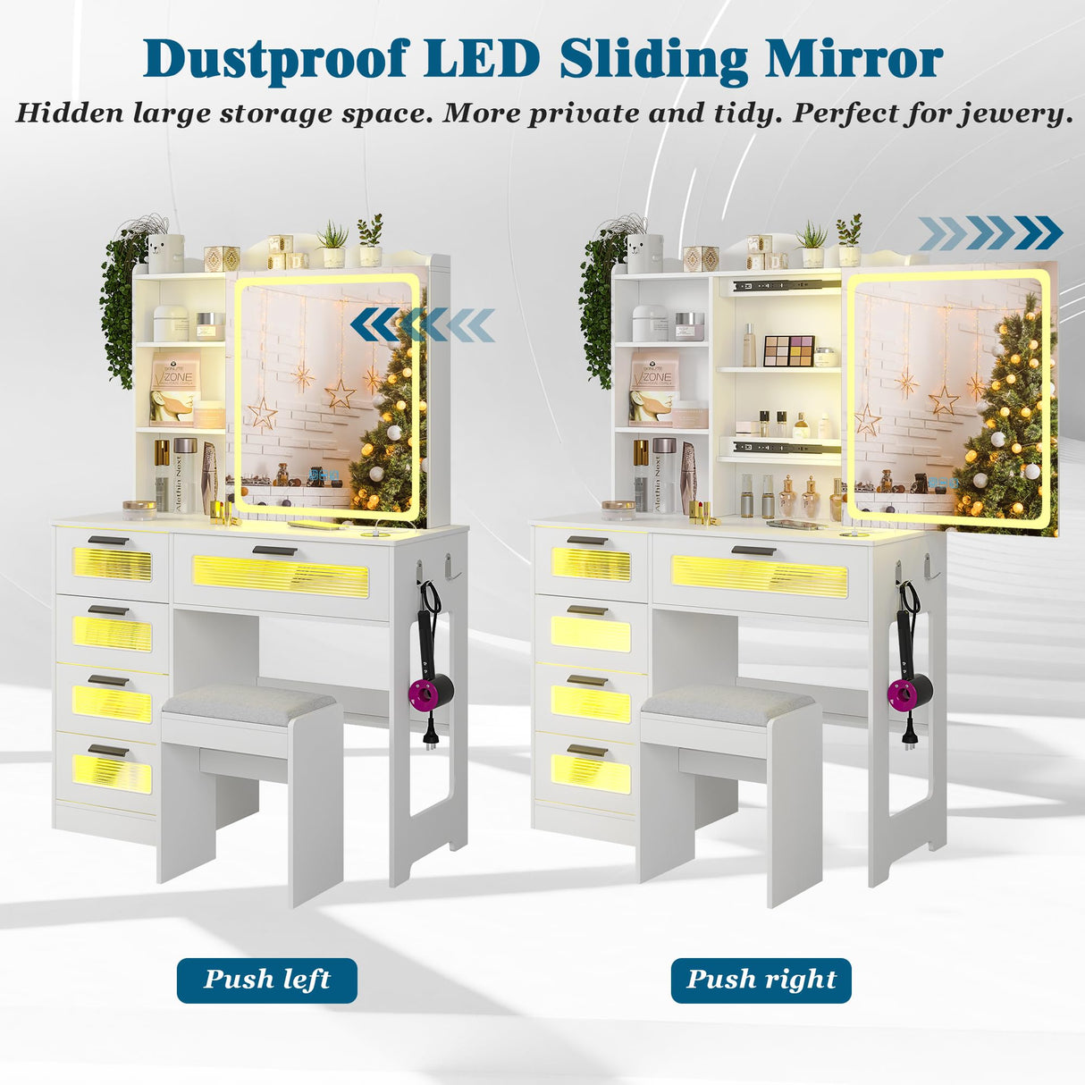 WOOVIVS Vanity Desk with Lights and Sliding Vanity Mirror, Makeup Vanity Desk with Charging Station, Vanities Dressing Table with Stool, Vanity Set with Large Drawers&Shelves for Bedroom, White WOOVIVS