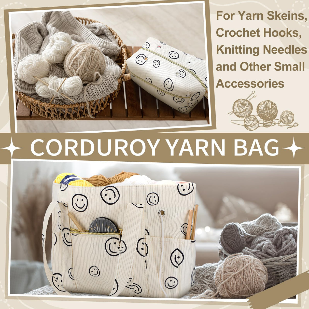 Bulyoou 2 Pcs Crochet Bag and Tote Set Corduroy Yarn Crochet Tote Bag for Hooks Organizer Smile Face Design Yarn Holder for Mother's Day Gift Lovers Knitting Accessories Bulyoou