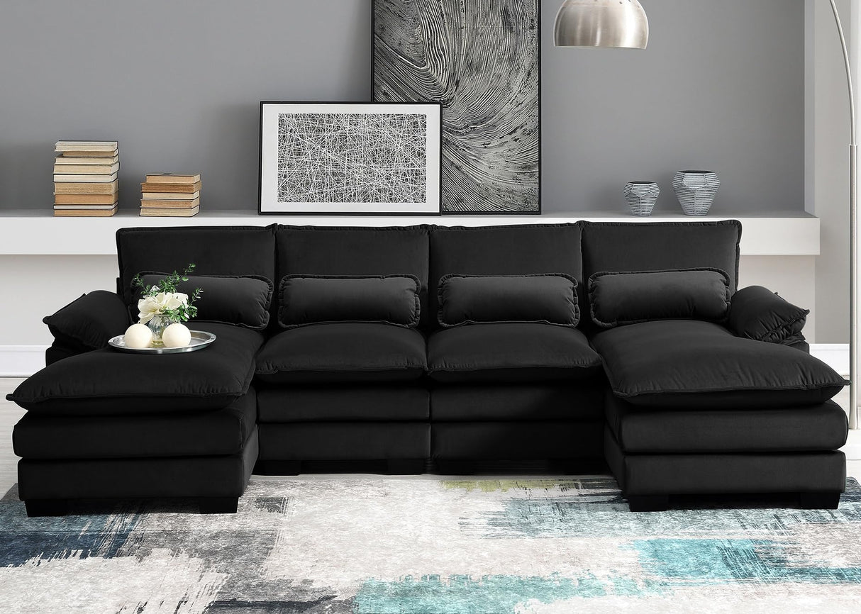 Merax 110" Modular Sectional Couches with Waist Pillows, 6-seat U-Shaped Upholstered Sleeper Sofa Bed Chaise Lounge for Living Room Furniture, Large, Black Merax