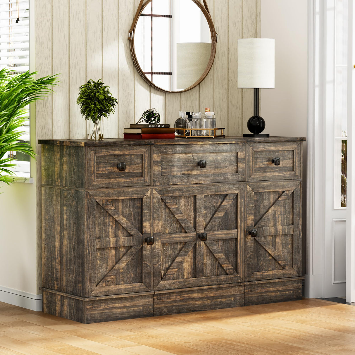 MDGC 3 in 1 Vanity Desk with Mirror and Lights, Farmhouse Dressing Table with Charging Station, Compact Makeup Vanity Table with 3 Drawers, Adjustable Shelves & Hidden Storage Stool (Rustic Brown) MDGC