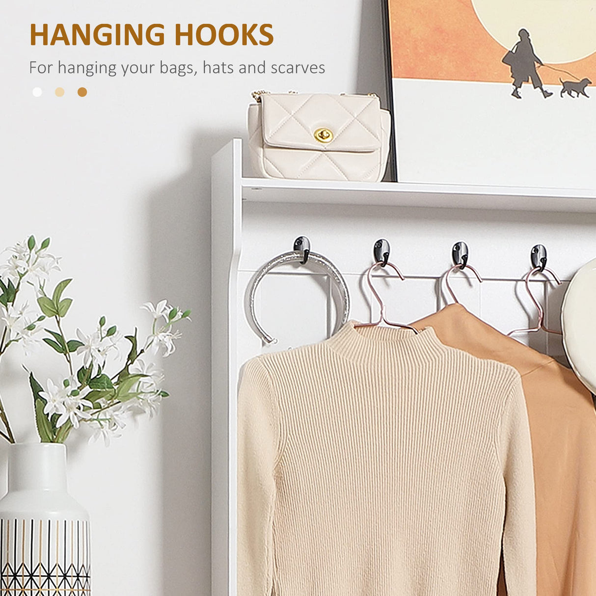 HOMCOM Modern Hall Tree, Entryway Coat Rack with Shoe Bench, 5 Hooks, Storage Shelf and Slatted Door Cabinet for Hallway, White HOMCOM