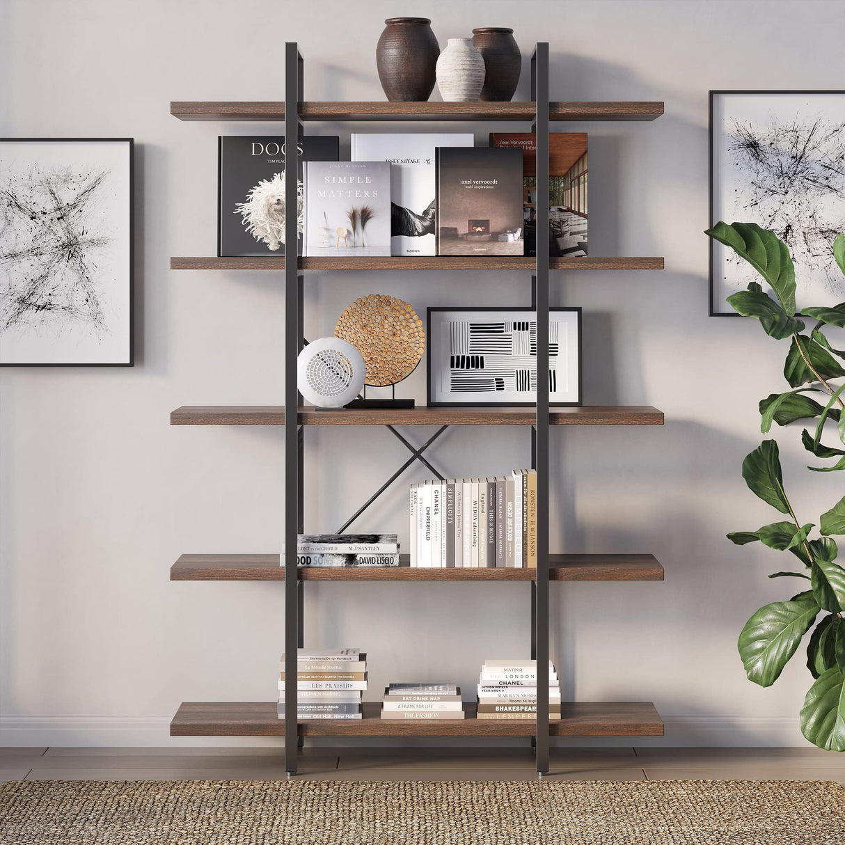 BELLEZE 70-Inch Dark Walnut 5-Tier Industrial Bookshelf with Metal Frame BELLEZE