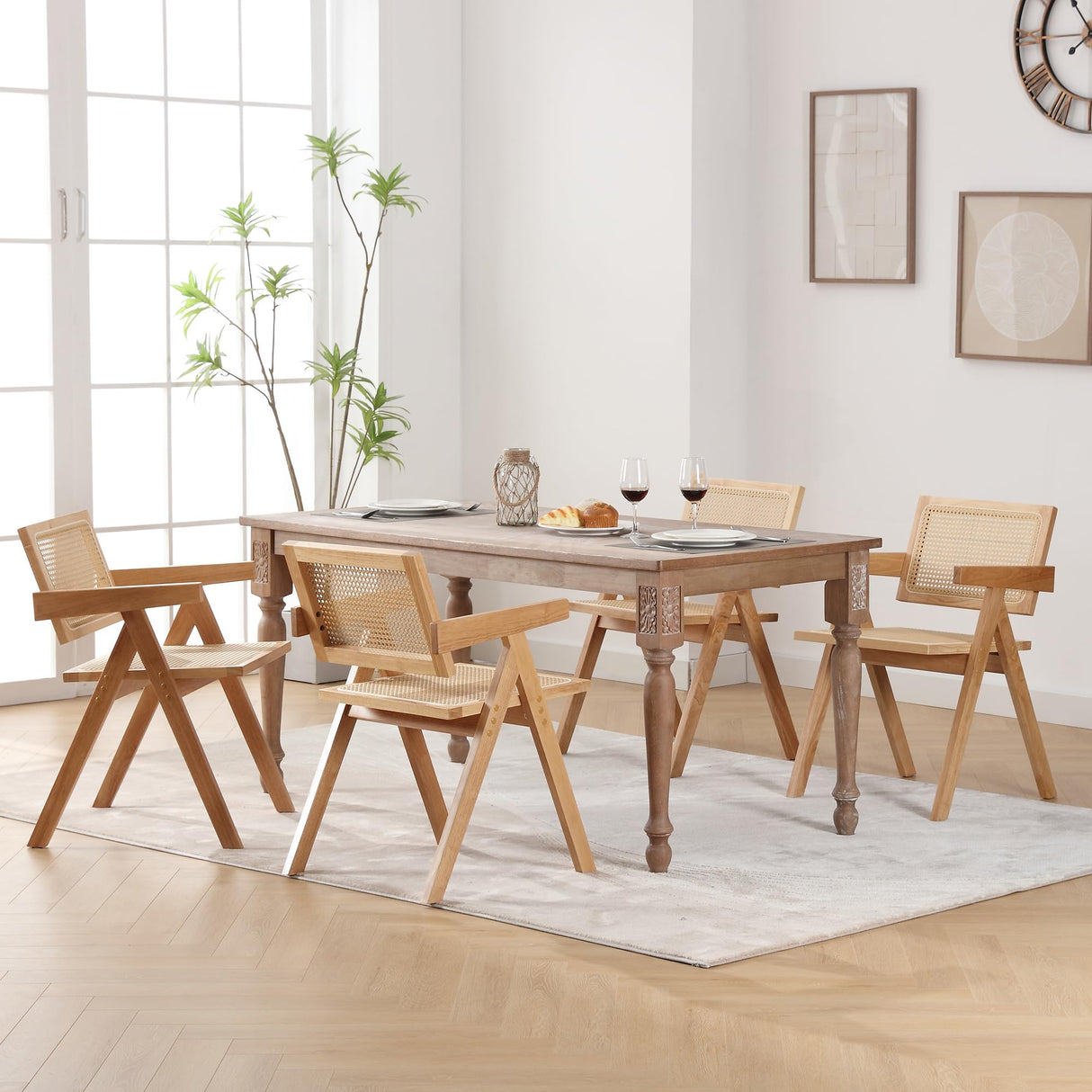 KCC Rattan Dining Room Chairs Set of 4, Comfy Modern Solid Wooden Boho Cane Kitchen Armchairs with Breathable Mesh Rattan Back and Seat for Restaurant/Kitchen/Living Room(Natural) KCC