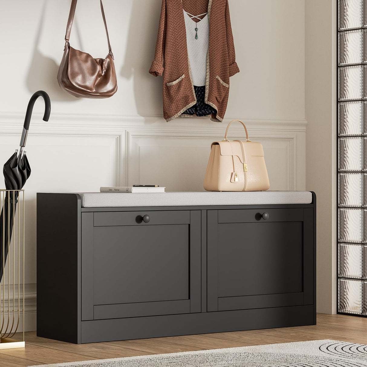 MHOM Black Modern Entryway Bench with 2 Flip Drawers, Shoe Rack with Padded Seat Cushion, Wooden Storage Bench for Bedroom and Apartment MHOM