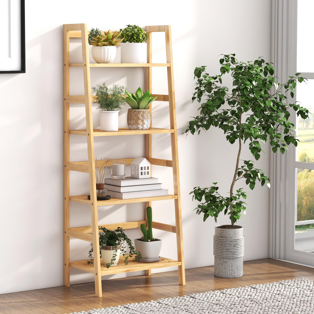 Giantex 4-Tier Bookshelf, 47.5" Bamboo Open Bookcase Book Shelf with Storage, Freestanding Display Shelving Unit Plant Stand, Ladder Shelf for Small Space, Bedroom, Living Room, Home Office, Natural Giantex